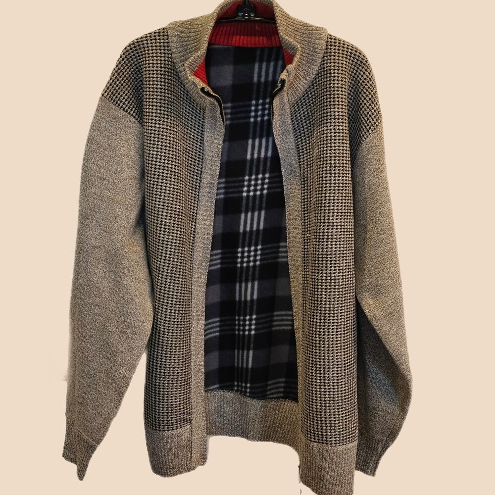 West Louis Full Zip Fleece Lined Mock Neck Sweater Herringbone Mens M